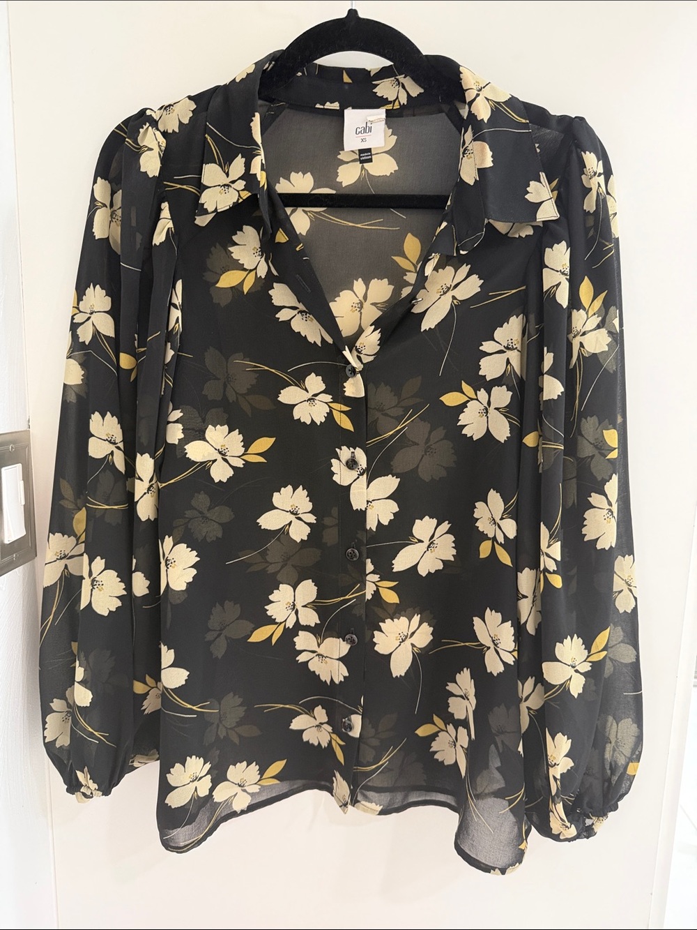 CAbi Black Floral Sheer Button Blouse with Cream and Mustard Accents